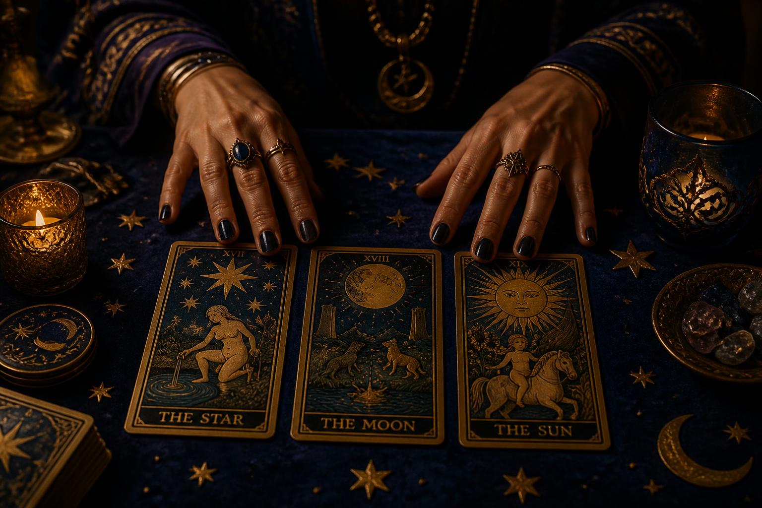 A tarot reader turning The Star, The Moon and The Sun on a candlelit velvet table